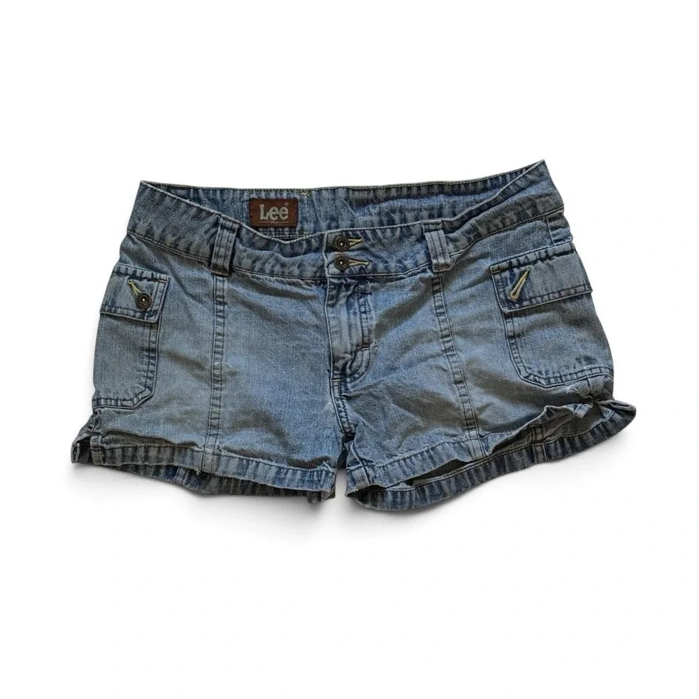 Lee Y2K Denim Shorts Light Wash Low Rise Utility Cargo Cuffed Blue Women 11M